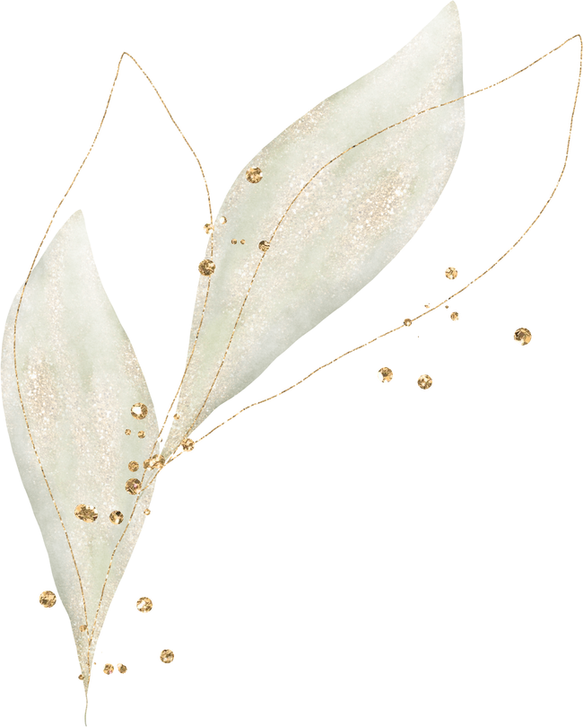Green watercolor leaves with gold and glitter splatter